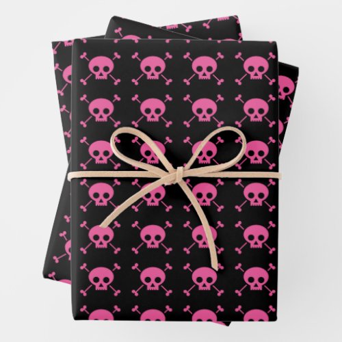Pink Black Skull Pattern Goth Girl Wrapping Paper Sheets