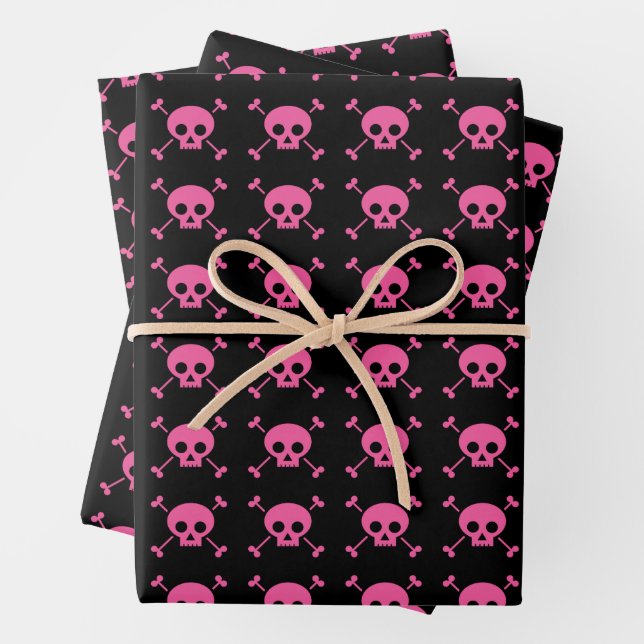 Pink Black Skull Pattern Goth Girl Wrapping Paper Sheets (In situ)