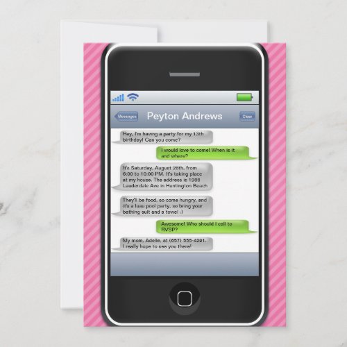 Pink/Black Smart Phone iParty Birthday Party Personalized Invitations