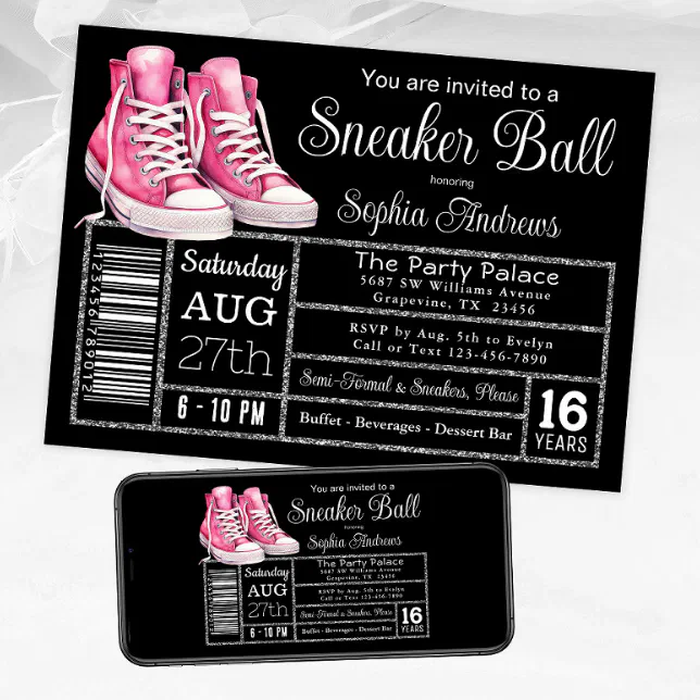 Pink Black Sneaker Ball Birthday Party Shoe Label Invitation | Zazzle