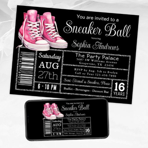 Pink Black Sneaker Ball Birthday Party Shoe Label Invitation