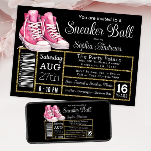 Pink Black Sneaker Ball Birthday Party Shoe Label Invitation