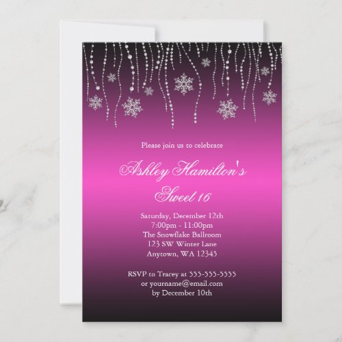 Pink Black Snowflakes Sweet 16 Winter Wonderland Invitations