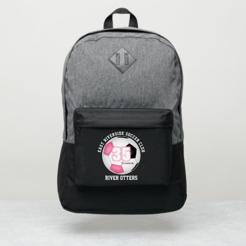 pink black soccer ball athlete name number port authority backpack