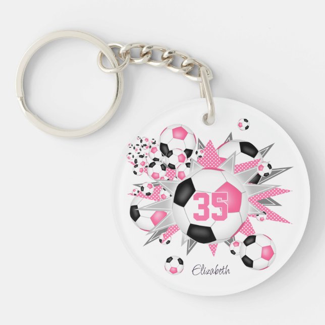 Pink black soccer ball blowout athlete name  keychain (Front)