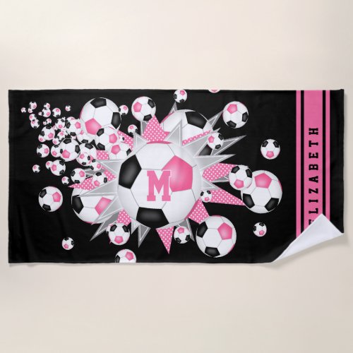  Pink black soccer ball blowout girls custom name Beach Towel
