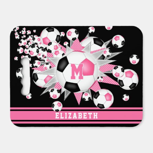 Pink black soccer ball blowout personalized  seat cushion