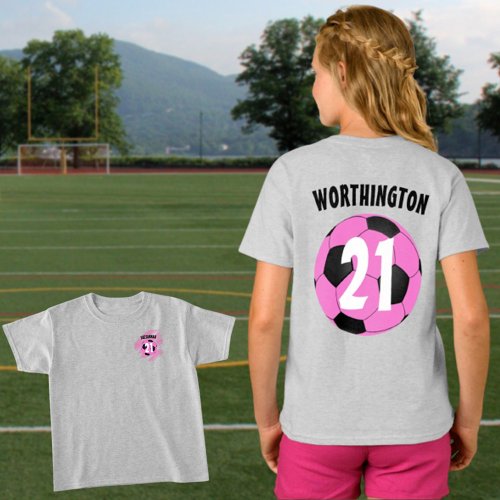 Pink Black Soccer Ball Custom Front Back Design T_Shirt