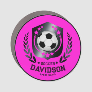 Pink Black Soccer Ball With Custom Name Text Car Magnet