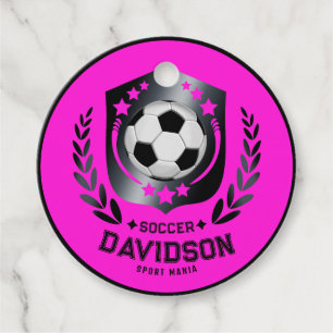 Pink Black Soccer Ball With Custom Name Text Favor Tags
