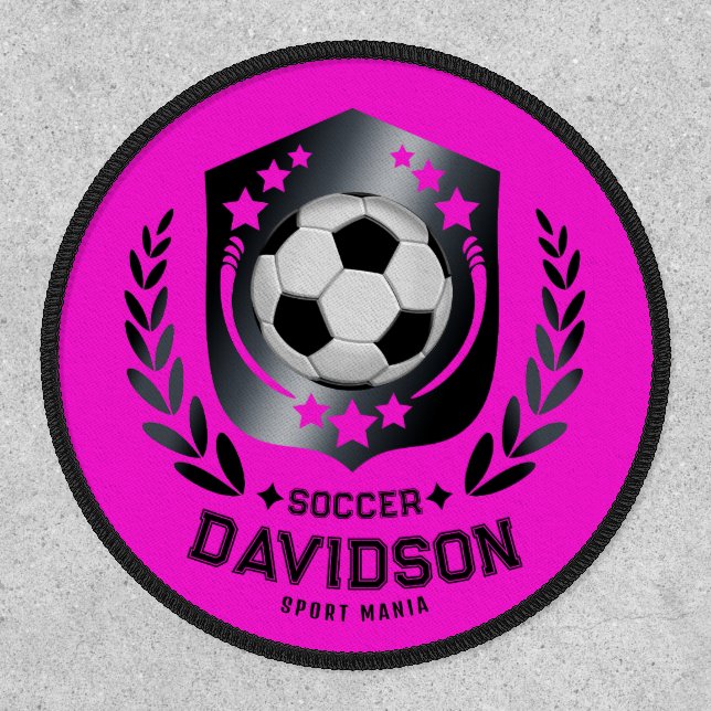 Pink Black Soccer Ball With Custom Name Text Patch (Front)