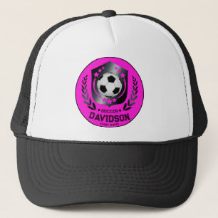 Pink Black Soccer Ball With Custom Name Text Trucker Hat