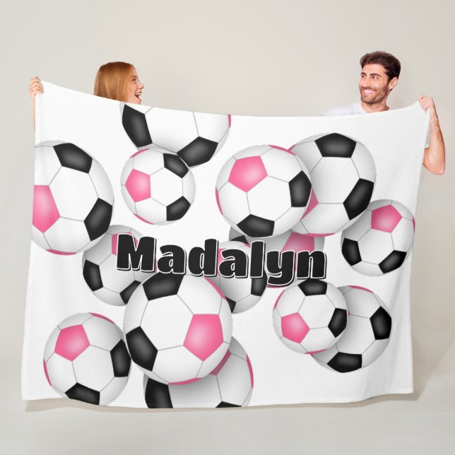 pink black soccer balls cluster girls sports room fleece blanket (In Situ)