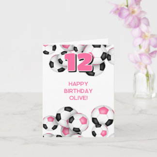 pink black soccer balls girls birthday card