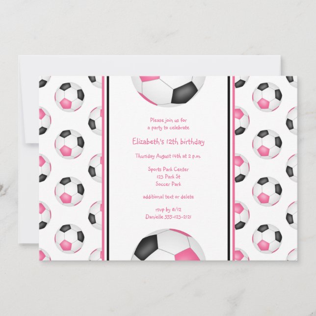 pink black soccer balls pattern birthday party invitation (Front)