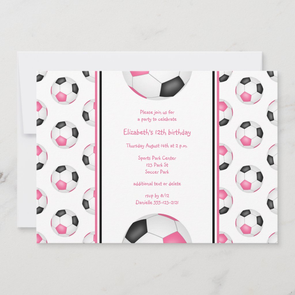 pink black soccer balls pattern birthday party invitation