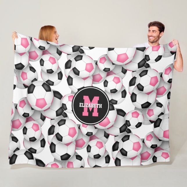 pink black soccer balls pattern monogrammed fleece blanket (In Situ)