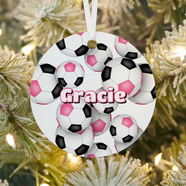 pink black soccer balls sports keepsake metal ornament (Insitu)