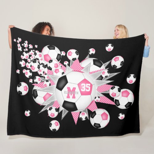 pink black soccer balls stars girls sports decor fleece blanket