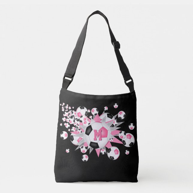 Pink black soccer balls stars monogrammed crossbody bag (Front)
