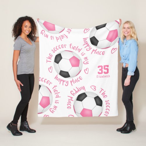 pink black soccer field my happy place typography fleece blanket