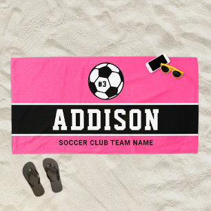 Pink Black Soccer Player Custom Name Beach Towel