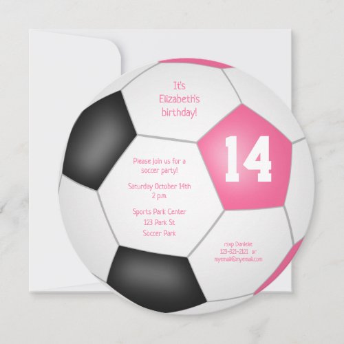 pink black soccer themed birthday party announcement