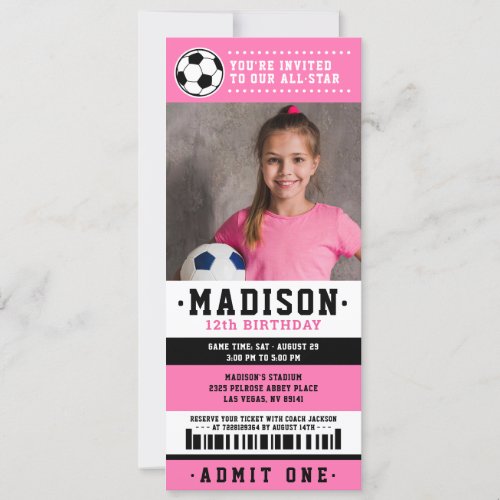 Pink Black Soccer Ticket Birthday Party Photo Invitation