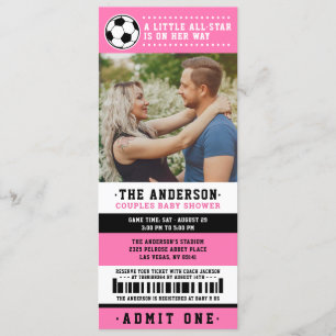 Pink Black Soccer Ticket Couples Baby Shower Photo Invitation