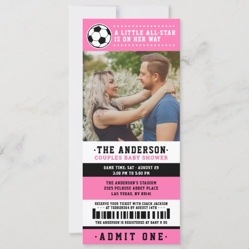 Pink Black Soccer Ticket Couples Baby Shower Photo Invitation