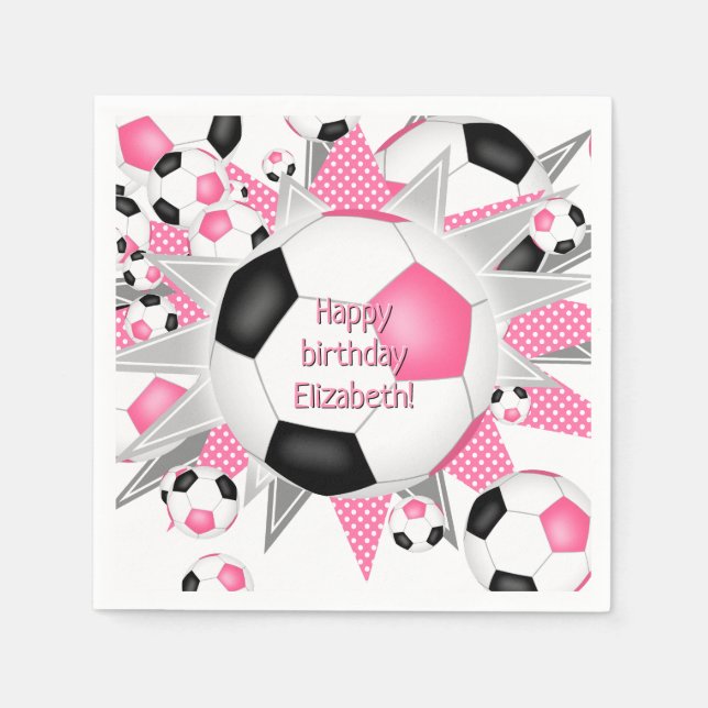 pink black soccerball blowout sports birthday  napkins (Front)