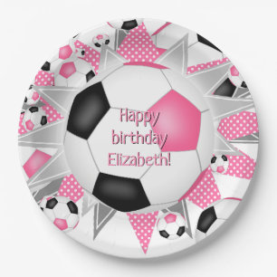 pink black soccerball blowout sports birthday paper plates