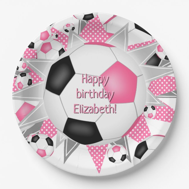 pink black soccerball blowout sports birthday  paper plates (Front)
