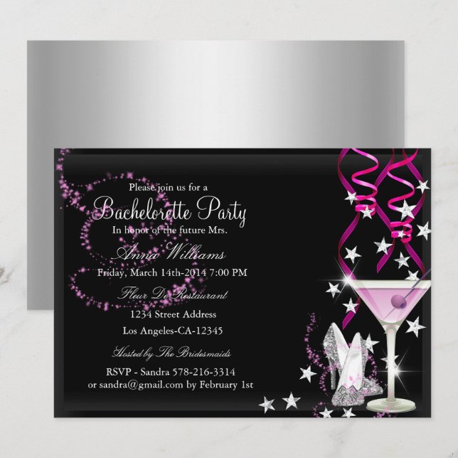 Pink Black Sparkle Bachelorette Party Invite (Front/Back)