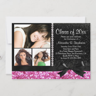 Pink/Black Sparkle Bow 3 Photo Graduation Party Invitation