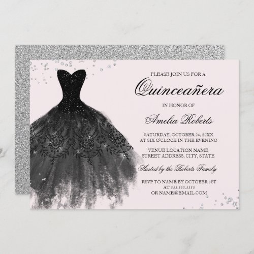 Pink Black Sparkle Dress Quinceanera Invitation