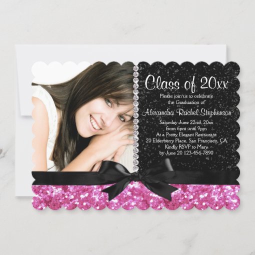 Pink Black Sparkle Look Bow Photo Graduation Party Invitation Zazzle