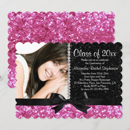 Pink/Black Sparkle-look Bow Photo Graduation Party Custom Invites