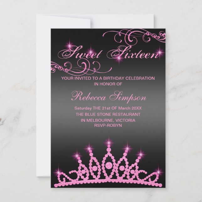 Pink & Black Sparkle Tiara Birthday Invitation (Front)