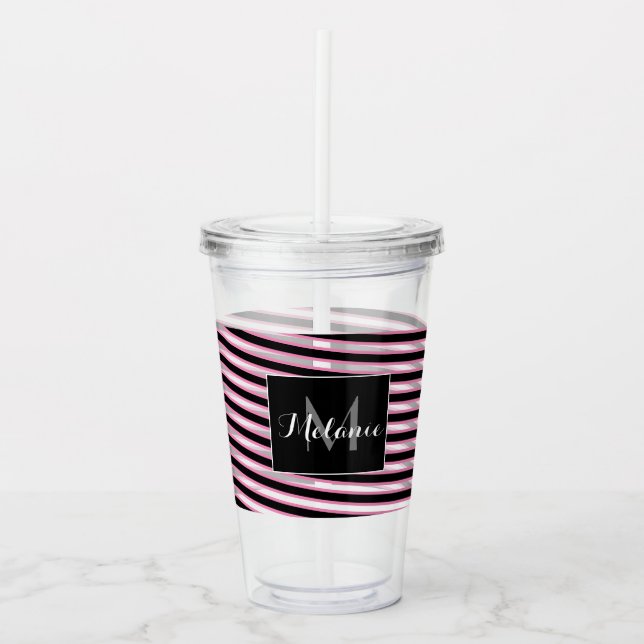 Pink Black Spiral Ribbon Stripes Monogram Custom Acrylic Tumbler (Front)