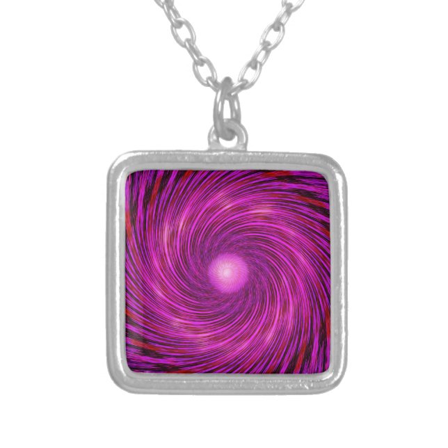 Pink Black Spiral Wave Kaleidoscope Art Silver Plated Necklace (Front)