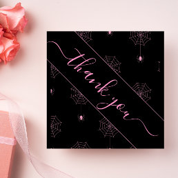 Pink &amp; Black Spooky Spider Web Halloween Thank You Square Business Card