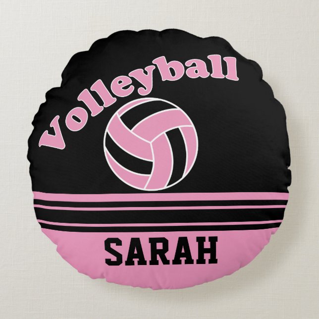 Pink & Black Sport Volleyball | DIY Name Round Pillow (Front)