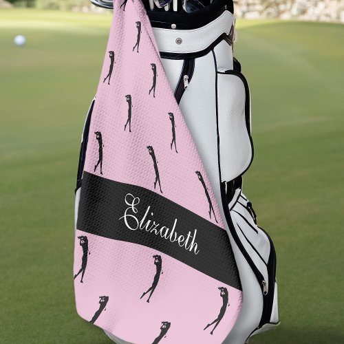 Pink Black Sports Lady Golfer Womens Name Pattern Golf Towel