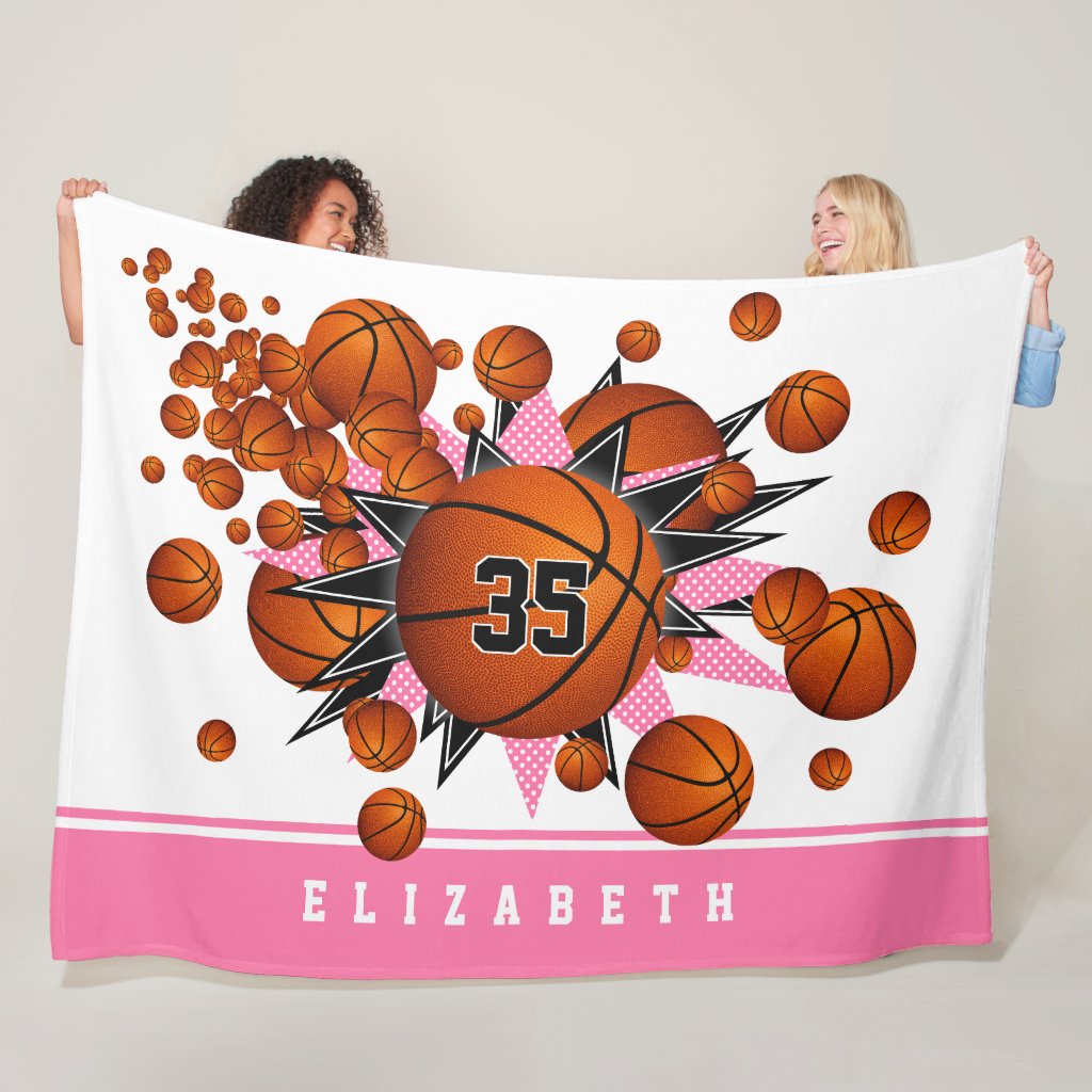 pink black sports room decor basketballs stars fleece blanket