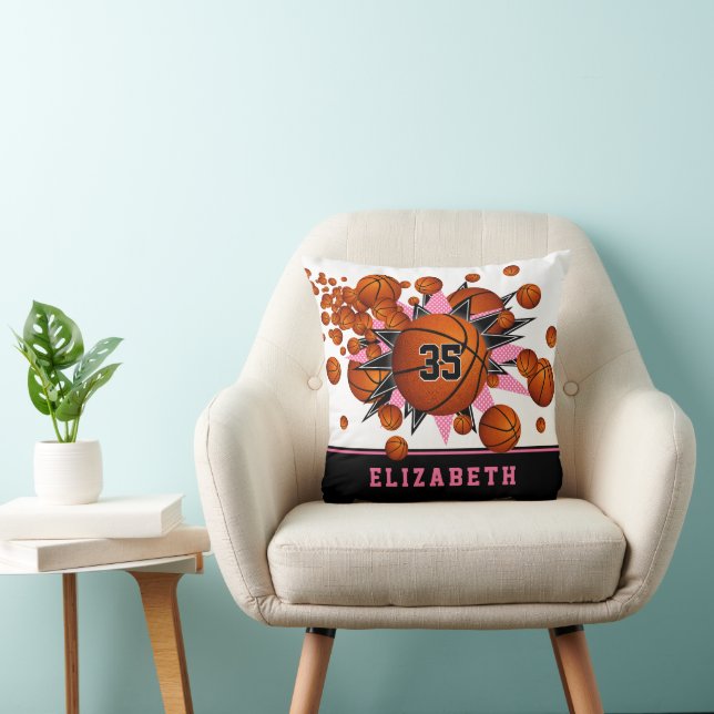 pink black sports room girls basketballs stars throw pillow (Chair)