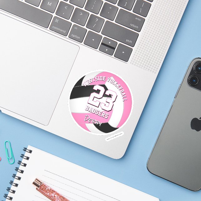 pink black sports team colors volleyball player sticker (Laptop w/ iPhone)