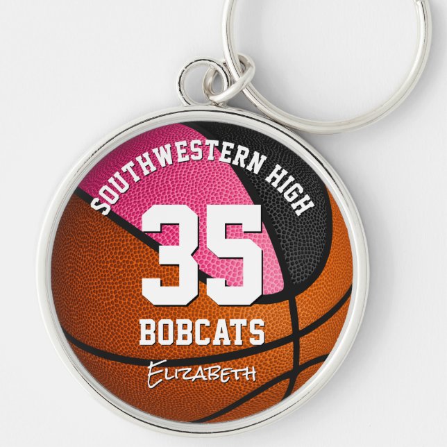 pink black sports team name girls basketball keychain (Front)