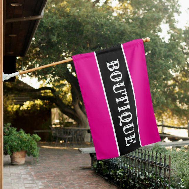 Pink & Black Stripe Antique Boutique Sign Flag (In SItu)