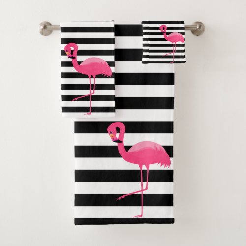 PINK BLACK STRIPE FLAMINGO BATHROOM TOWEL SET